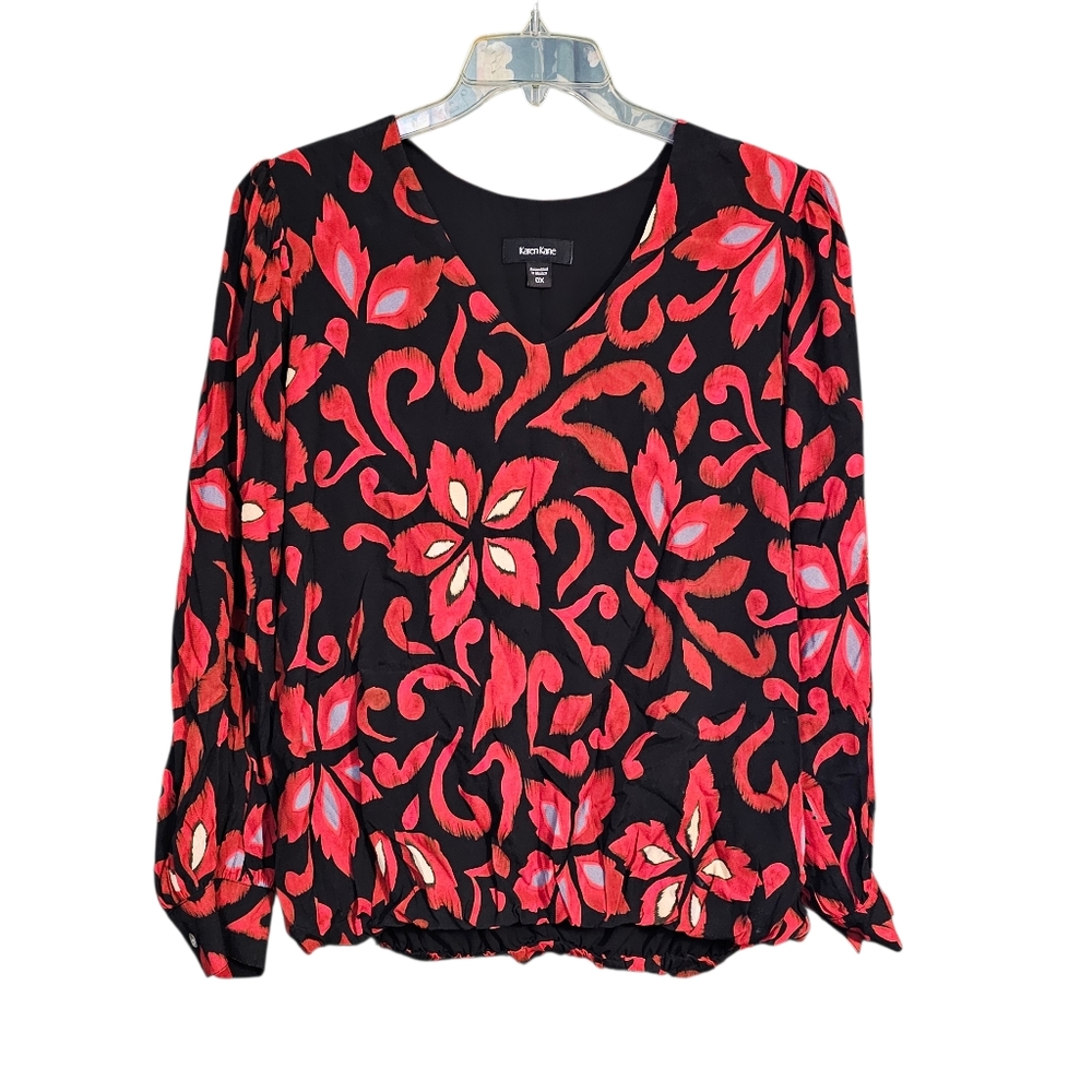 Karen Kane V Neck Banded Bottom All That Shines Red Black Floral Sz 0X /14W
